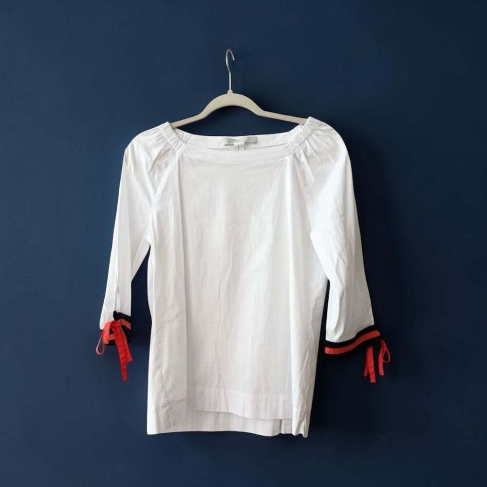 Bianca White Cotton Blouse with Red and Black Tie Sleeve Detail
